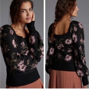 Anthropologie Square neck, floral puff sleeve sweater in black and pink, Size S